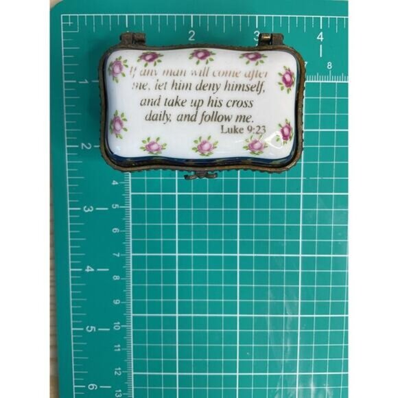 Small Imperial Porcelain Trinket Box Luke 9:23 Pink Roses Gold Accents Hinged - Picture 8 of 8